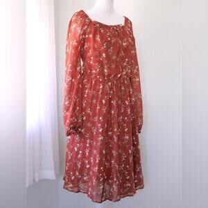 Lark + Grey Terracotta Floral Print Elastic Waist Long Sleeve Knee Length Dress
